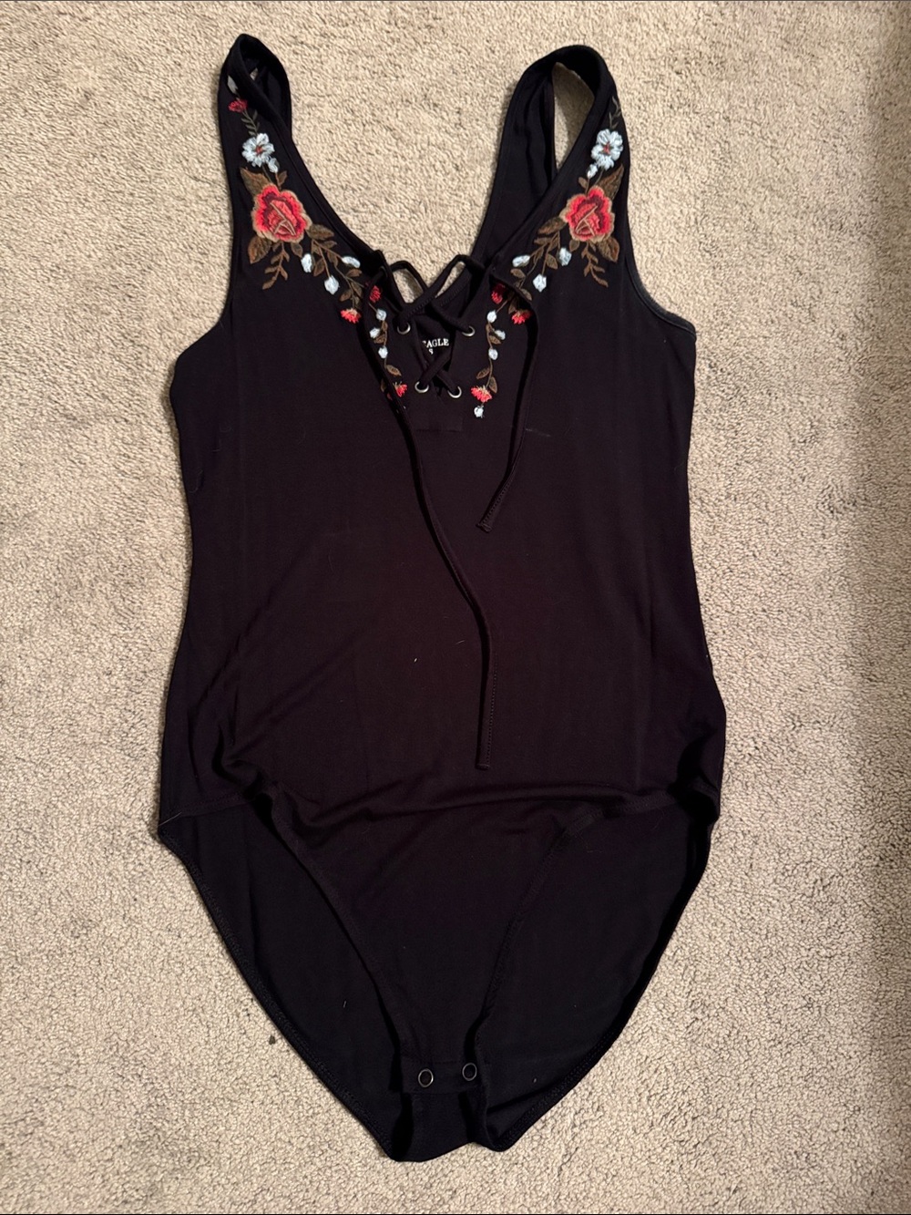 NWT American Eagle Embroidered Lace-Up Black Bodysuit